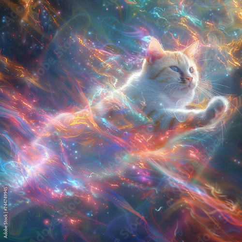 Ethereal feline leaping through a quantum portal colors and shapes blending in multidimensional space