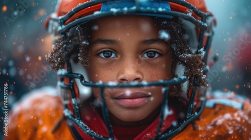  a close up of a young football player wearing a helmet with snow falling all over his face and behind him is a blurry image of a blurry background.
