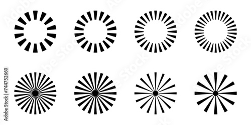 Collection of simple black sunbursts isolated on transparent background – Set of minimalist radial frames and round ray patterns
