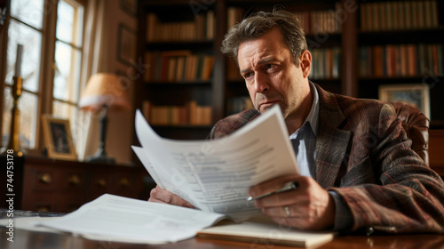 middle-aged man deeply engrossed in reading a document