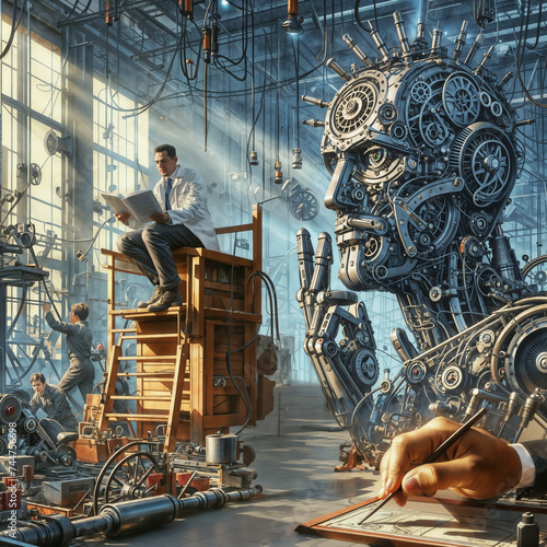 in a huge workshop, a giant cyborg or robot is being assembled, an engineer sits on equipment boxes, reads a diagram and leads a team of assemblers