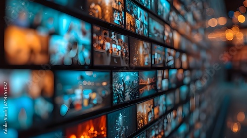 A multitude of vibrant screens in a curved display showing various news and media broadcasts in a monitoring room