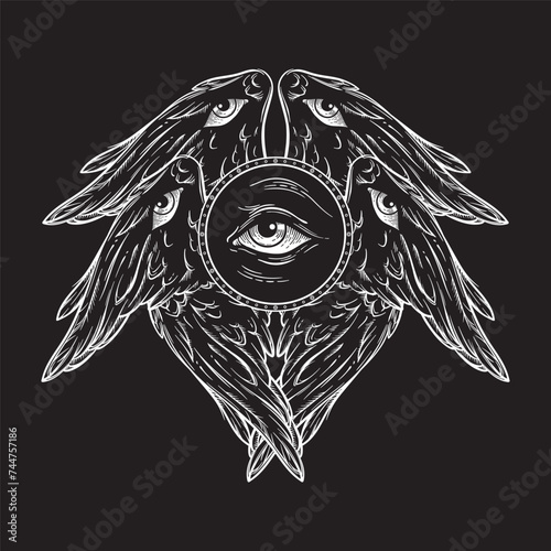 Biblical six winged angel Seraphim with eyes isolated. Hand drawn design vector illustration