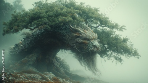  a tree in the middle of a forest with a dragon face on it's head and branches sticking out of the top of the tree, on a foggy day.