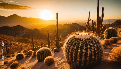 Saguaro, golden barrel and San Pedro cactus forest overlooks a mountain haze sunset in the hot desert, with warm tones, and beautiful scenery. Copy space Wild West scene usa Mexico