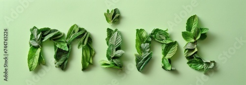 The word "mint" is made of green mint leaves, green background