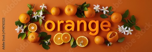 The word "orange" which is written from a piece of fresh orange. Oranges and green leaves can be seen on the orange background
