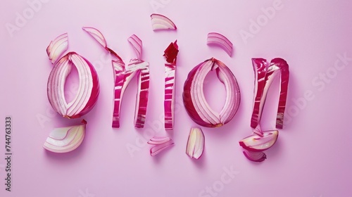 The word "onion" made from a piece of red onion made into the shape of a letter. Light purple background