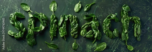 The word "spinach" is made up of spinach leaves forming letters. Dark green background.