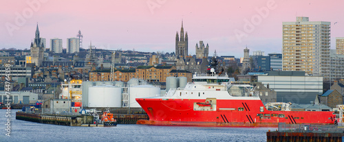 Aberdeen harbour and ship viewed during sunrise