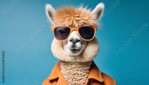 a studio portrait of a funky hipster alpaca wearing a jacket sunglasses on a seamless blue colored solid colored background