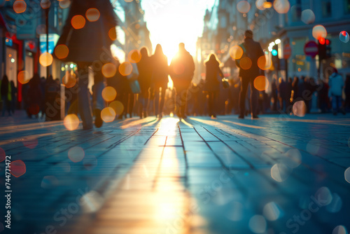 Low angle shot of pedestrian street in modern city. Many people walking along the street of the evening city, illuminated by the setting sun. Sun flare effect.