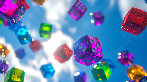 many many manya colorful. april fool font per dice background. april fool's day background with copy space for text. in sky background --ar 16:9 --v 6 Job ID: 4f8211c3-8c7b-4cf4-bec0-950a2c13a6d0