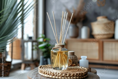 Organic reed diffuser with aroma sticks in a home interior decor setting for fragrance and wellness