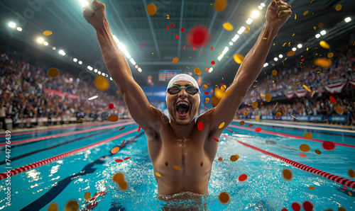Professional swimmer celebrating the championship gold
