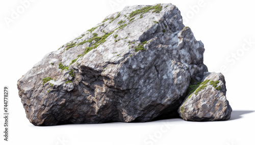  Large granite bolder covered with moss isolated on white background