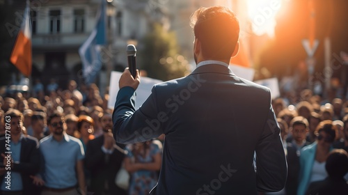 Man politician doing a speech outdoor in front of a crowd of members of a political party