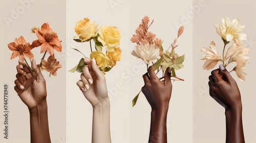 Collage of female hands holding different flowers on a light background. International Women's Day concept. Diversity Concept