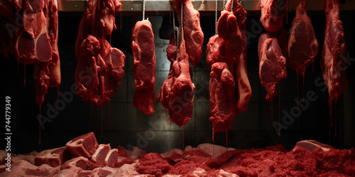 Fresh veal and beef meat hanging in the food factory Veal and beef meat hanging