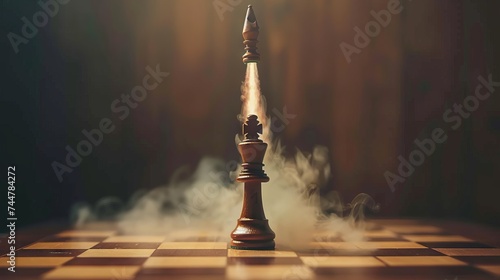 king chess piece taking off vertically like a rocket from a chessboard