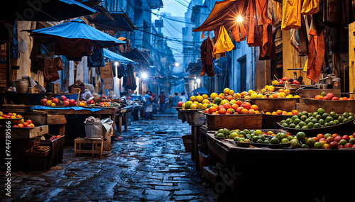 bustling open-air market in a developing country, with people selling fruits and vegetables under colorful umbrellas and lights
