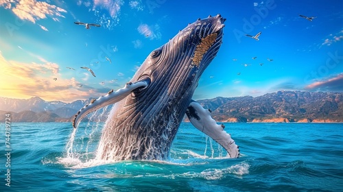 Humpback Whale Breaching at Sunset with a Scenic Mountain Backdrop
