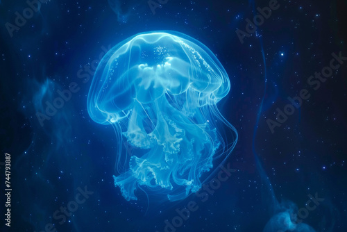 A jellyfish its luminescent body floating serenely a ghostly presence in the deep blue sea