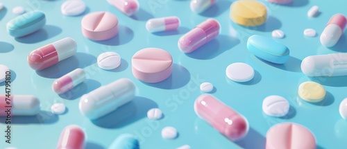 Vibrant Pills and Capsules on Turquoise Backdrop. A creative display of various pills and medical capsules in pastel colors arranged on a turquoise background.