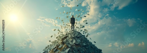 A man stands atop a mound of money under a cloudy sky