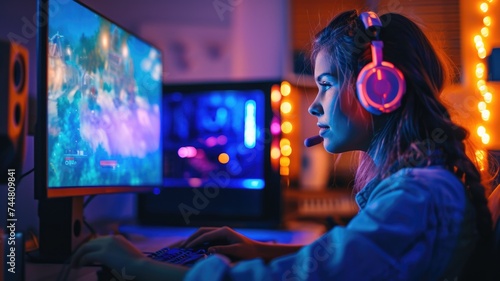 Concentrated Female Gamer Playing on a High-End Gaming PC