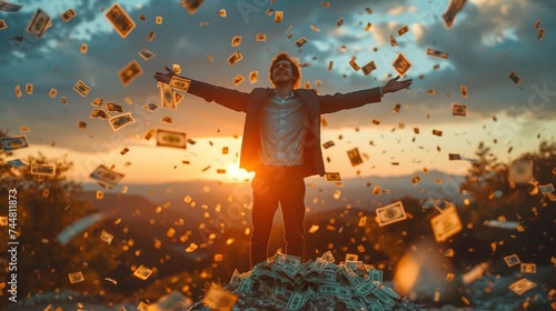 A happy man standing on a pile of money, arms outstretched under sunlight