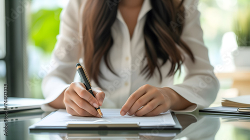 Gros plan sur une femme d'affaires en train de signer un contrat.