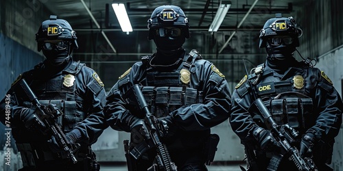 SWAT team concept with federal government agents ready to enforce law and order to protect democracy by any means necessary - armed agents with firearms