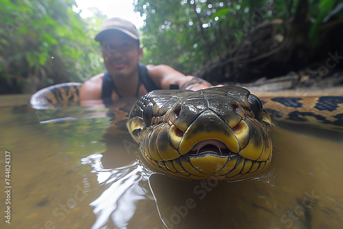 snake pythonviper, boa, wild, eye snake, Man taking photo with large anaconda lake snake