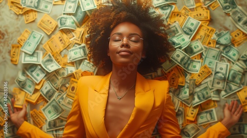Happy woman in yellow suit surrounded by a pile of money at an art event