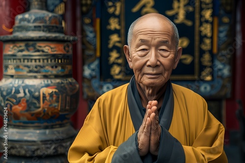 An old Chinese abbot faces the camera with his hands clasped in front of the camera, standing next to the merit box in the background of the temple. generative AI