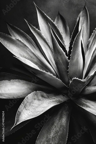 Black and white photograph of an agave plant. Generative AI.