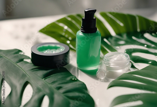 Beauty cosmetic lotion serum bottle and jade massage roller Treatment skincare concept with monstera