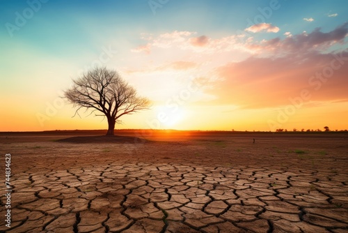 Lone tree on cracked earth at sunset, symbolizing drought and climate change. Drought and Climate Change
