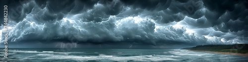 Panoramic View of an Impressive Thunderstorm Over the Sea