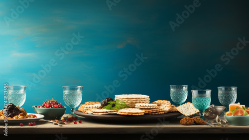 Happy Passover, celebration tradition banner copy space poster background, Jewish holiday commemorating the Exodus from Egypt, matzo wine food, judaizm bread religious.
