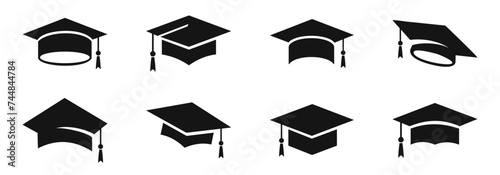 Graduation hat icons. Academic cap. Graduation student black cap.