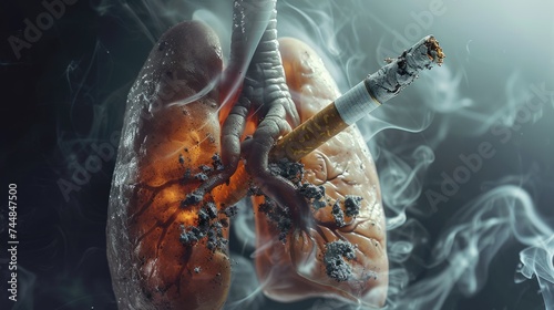 A smoker's lungs are spoiled sick from the tobacco smoke of cigarettes. The harm of smoking. banner