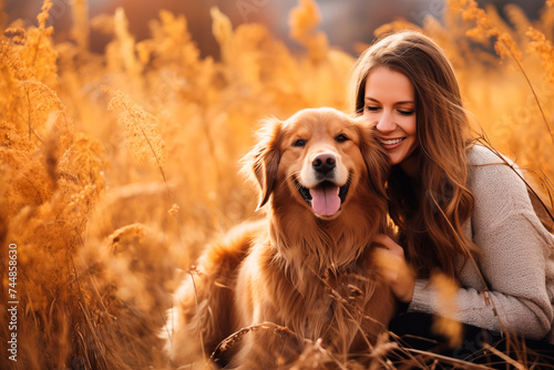 A happy woman embracing her golden retriever in a field of tall golden grass.