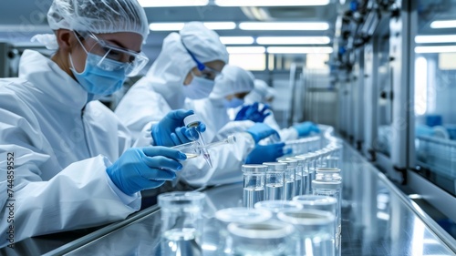 Pharmaceutical Team Conducting Quality Control in Sterile Environment. A group of scientists in protective gear meticulously conducting tests in a pharmaceutical production line.