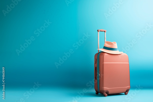 A stylish travel concept with a coral suitcase and matching hat against a turquoise background.