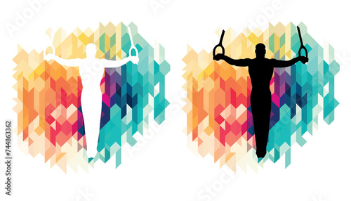 Male gymnast on rings colorful icons on a transparent background