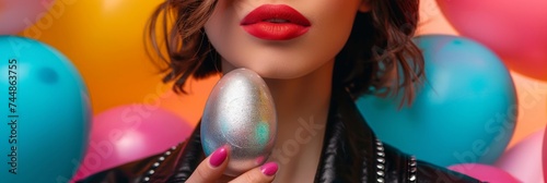 a brunette with red lipstick is holding a silver easter egg, she is standing in front of a background of colorful balloons.