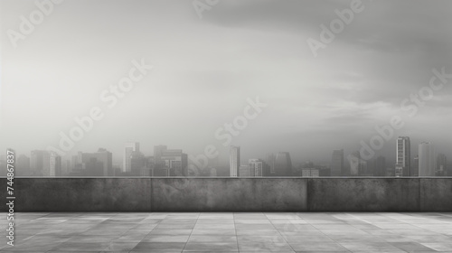 Minimalistic cloudy urban scene in black and white tones in misty weather. Rain and fog. Simple city skyline silhouette.