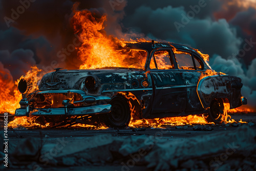 Vintage car on fire